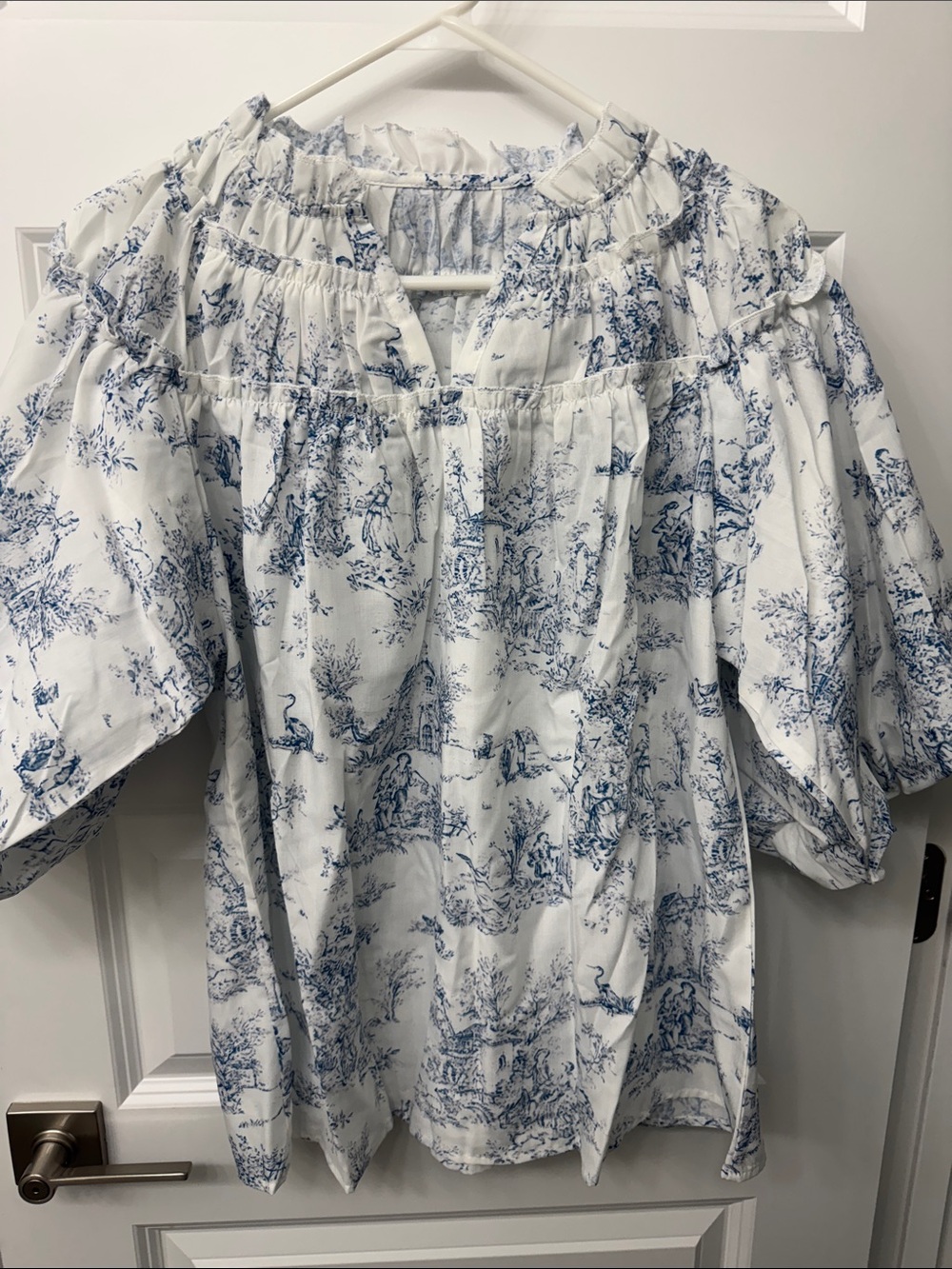 Blue Toile Ruffled Peasant Blouse - Women Tops
